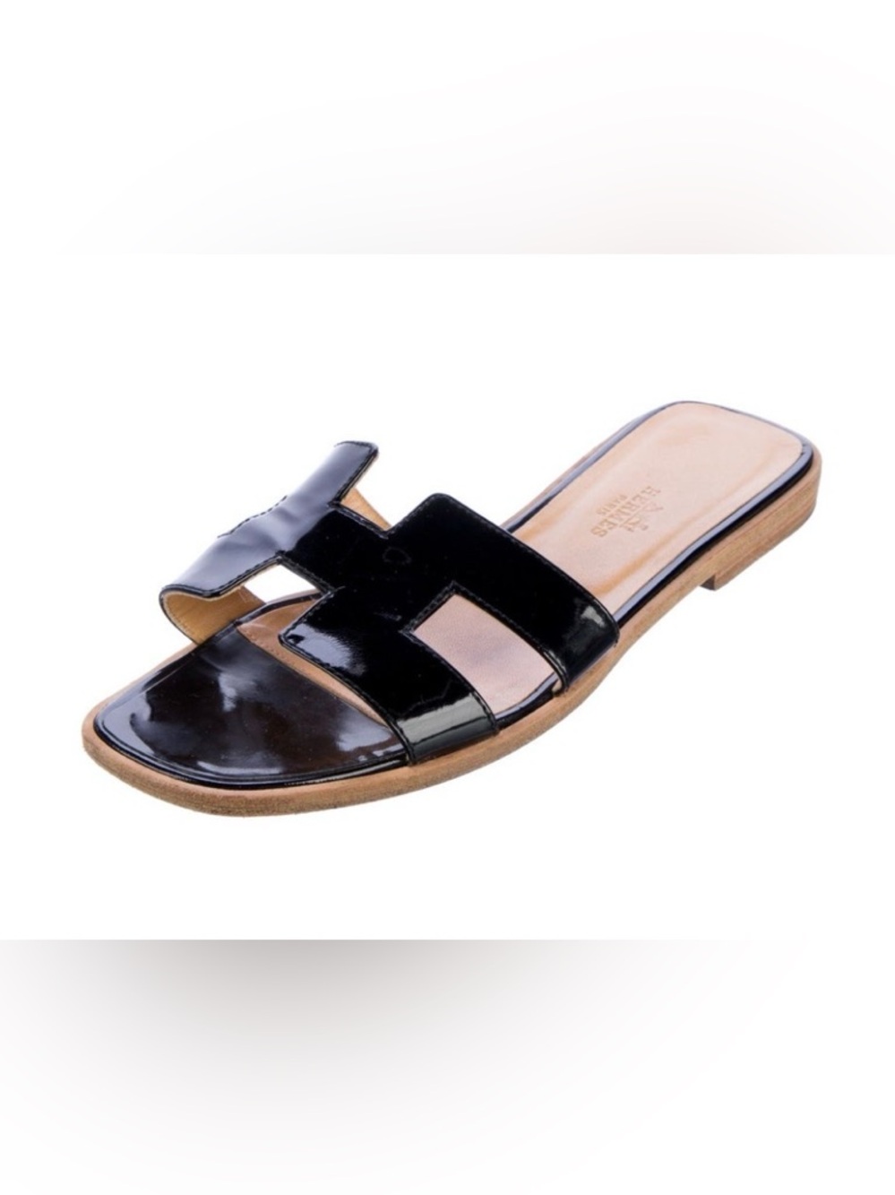 Hermes Black Patent Oran Sandals